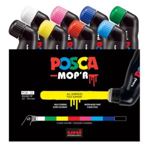 POSCA - Uni Mitsubishi Pencil - Marqueur MOP'R - Pointe Ronde XXL 3-19 mm - Forme Ergonomique, Corps Semi-Rigide - Marqueur Peinture À Base d'Eau - Tout Support - 8 couleurs
