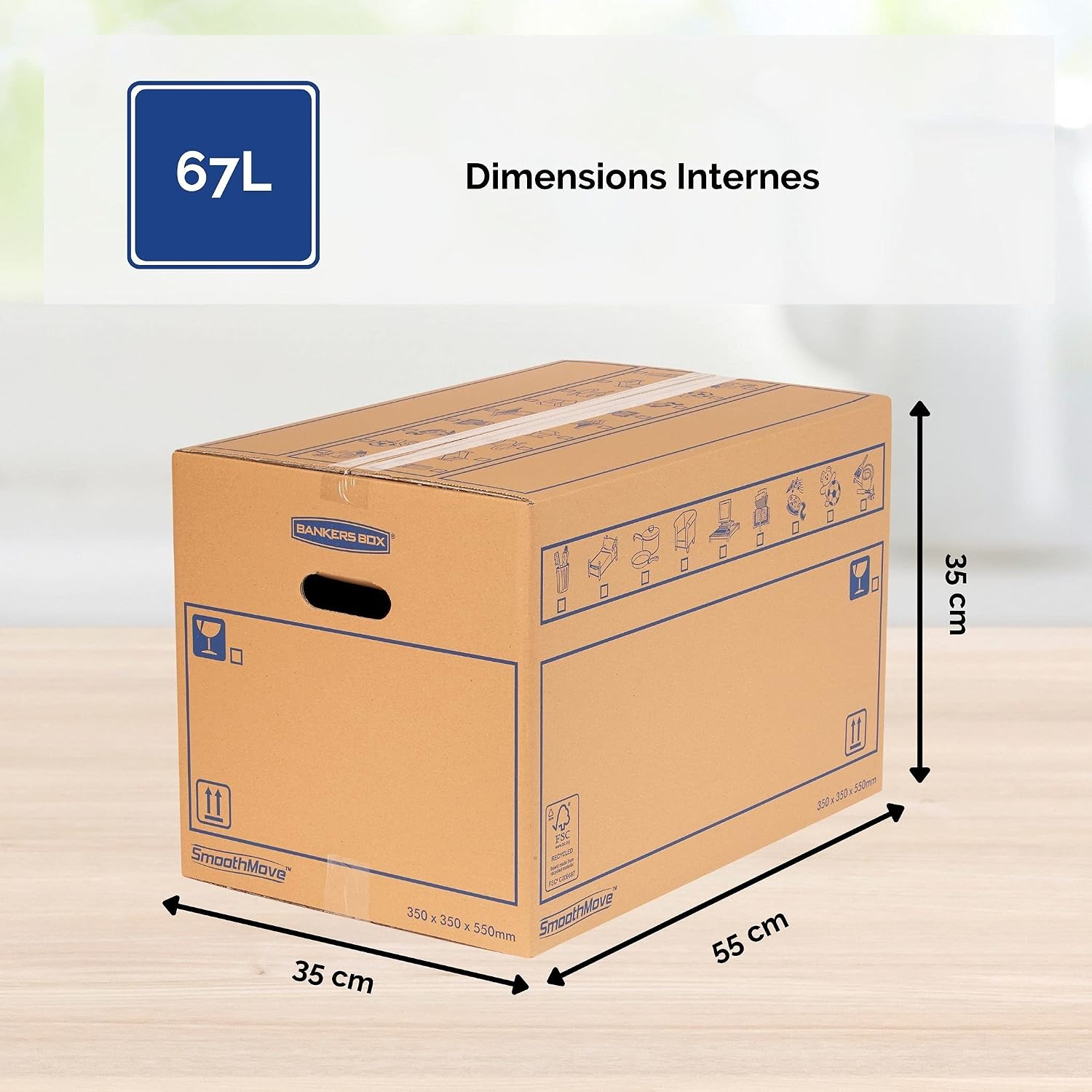 Fellowes SmoothMove Caisses de Déménagement en Carton Double Epaisseur avec Poignées - 67 Litres, très résistants, jusqu'à 4 cartons empilés, 35 x 35 x 55 cm (Lot de 10), 6207301 – Image 2