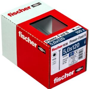 fischer - Vis à bois PowerFast II 5,0x120 Tête fraisée, empreinte TX, zingué blanc, filetage partiel/Boite de 100
