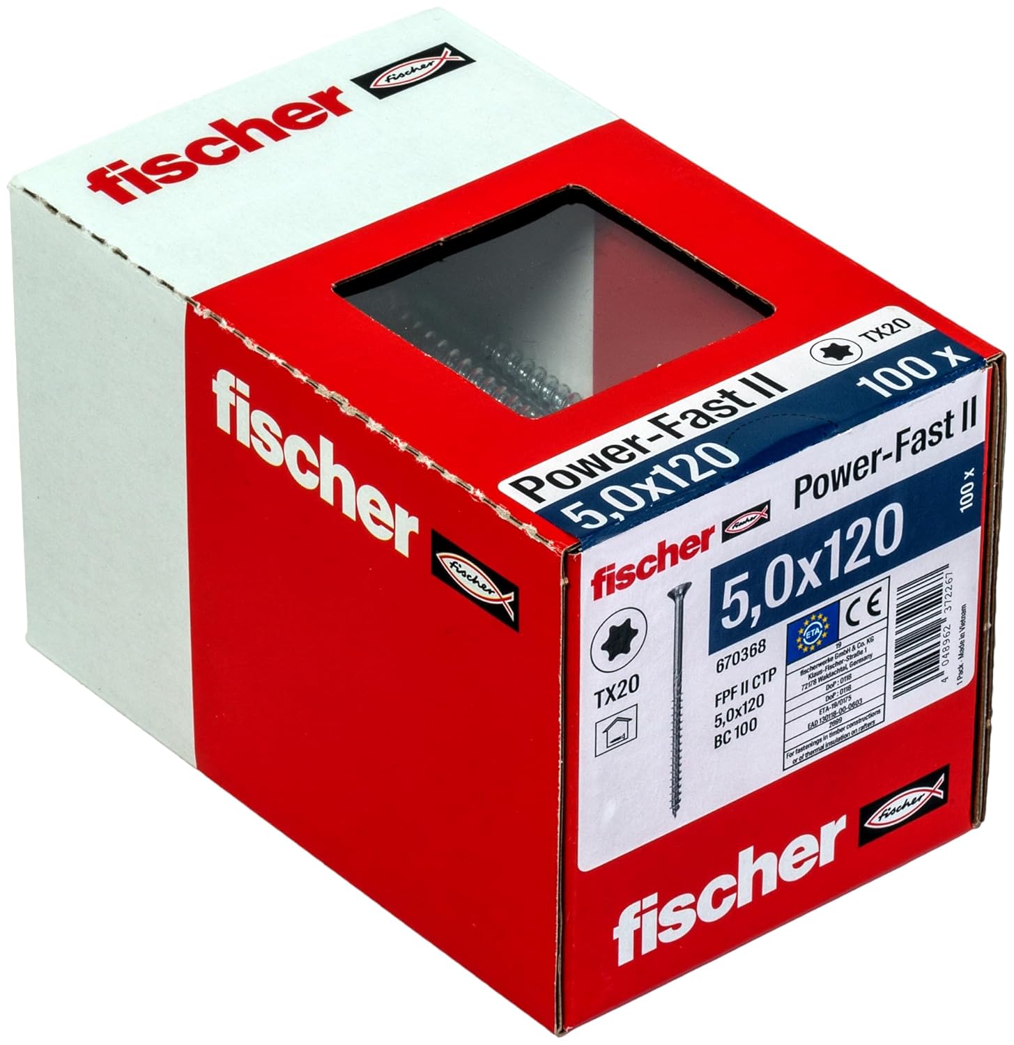 fischer - Vis à bois PowerFast II 5,0x120 Tête fraisée, empreinte TX, zingué blanc, filetage partiel/Boite de 100