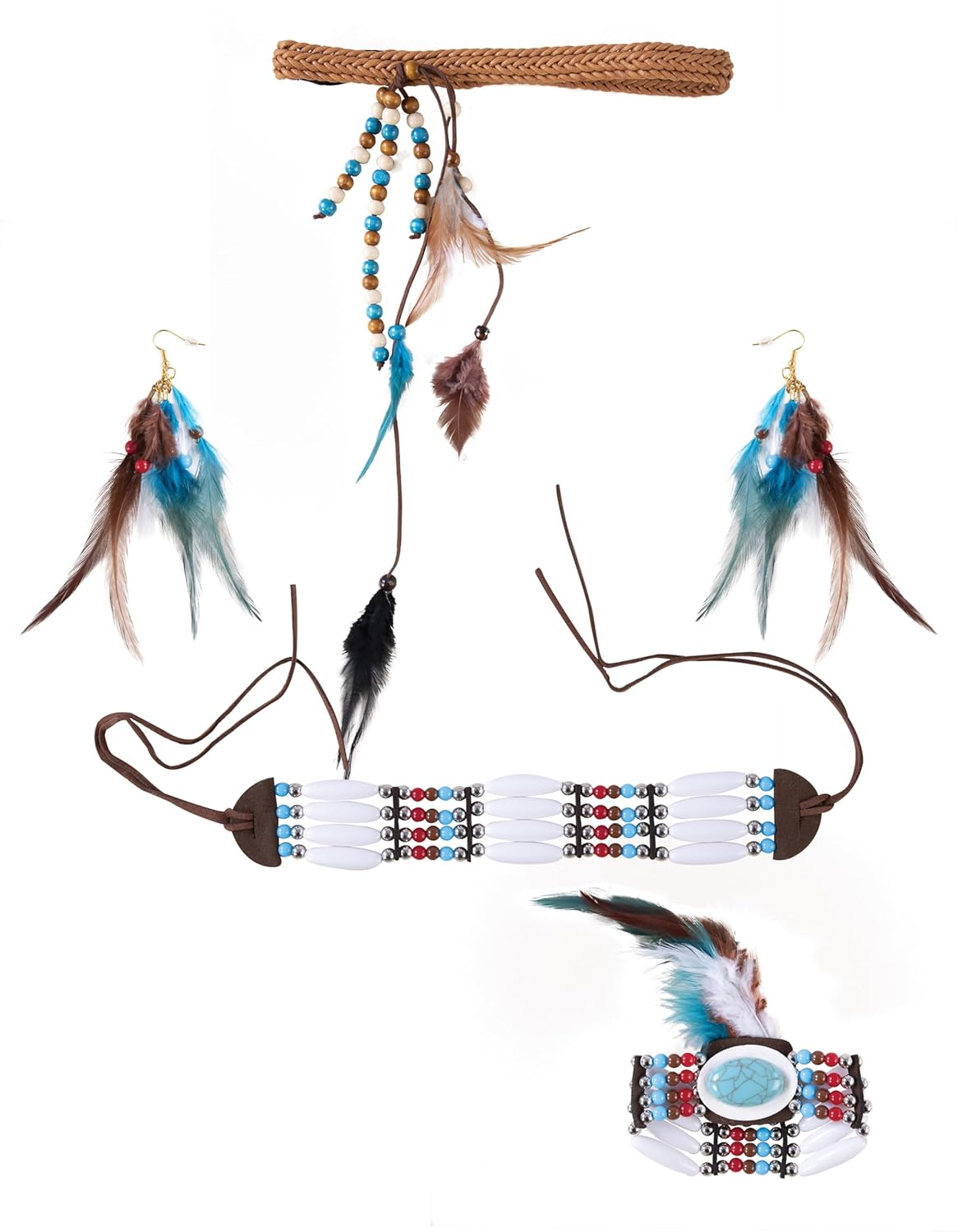 P'tit Clown - 50412 - Set Accessoires Déguisement Indienne - Bandeau, Boucles d'oreilles, Bracelet, Collier - Pour Carnaval, Fêtes à Thèmes, Halloween, Nouvel An, Western, Soirées Costumées - Adulte