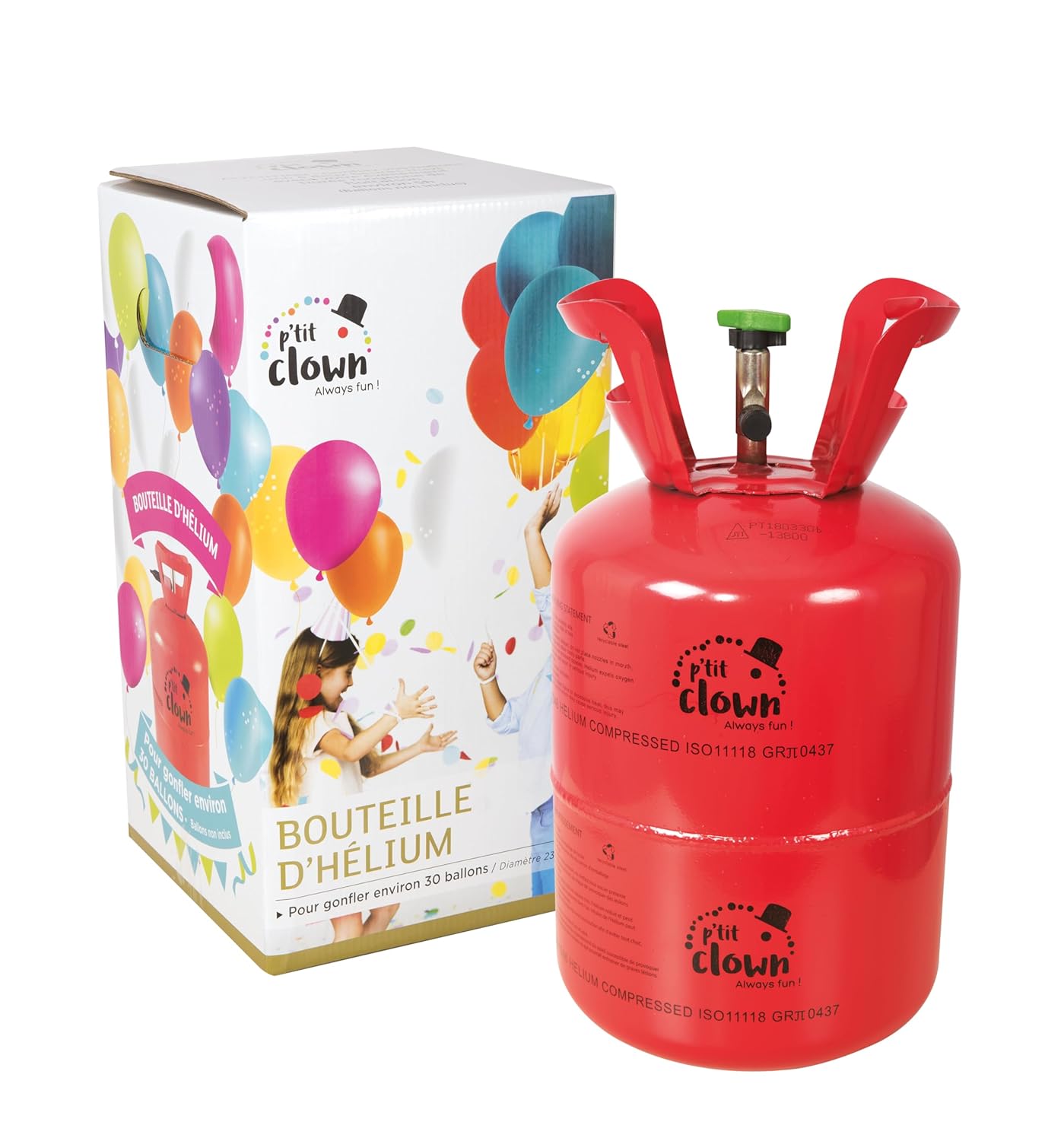 P'tit Clown - 25830 - Bouteille Hélium Jetable pour Ballons - Facile à Utiliser - Parfaite pour Décoration Fêtes, Anniversaire, Mariage, Baptême, Bal, Noël, Nouvel An - Pour 30 BALLONS (non inclus)