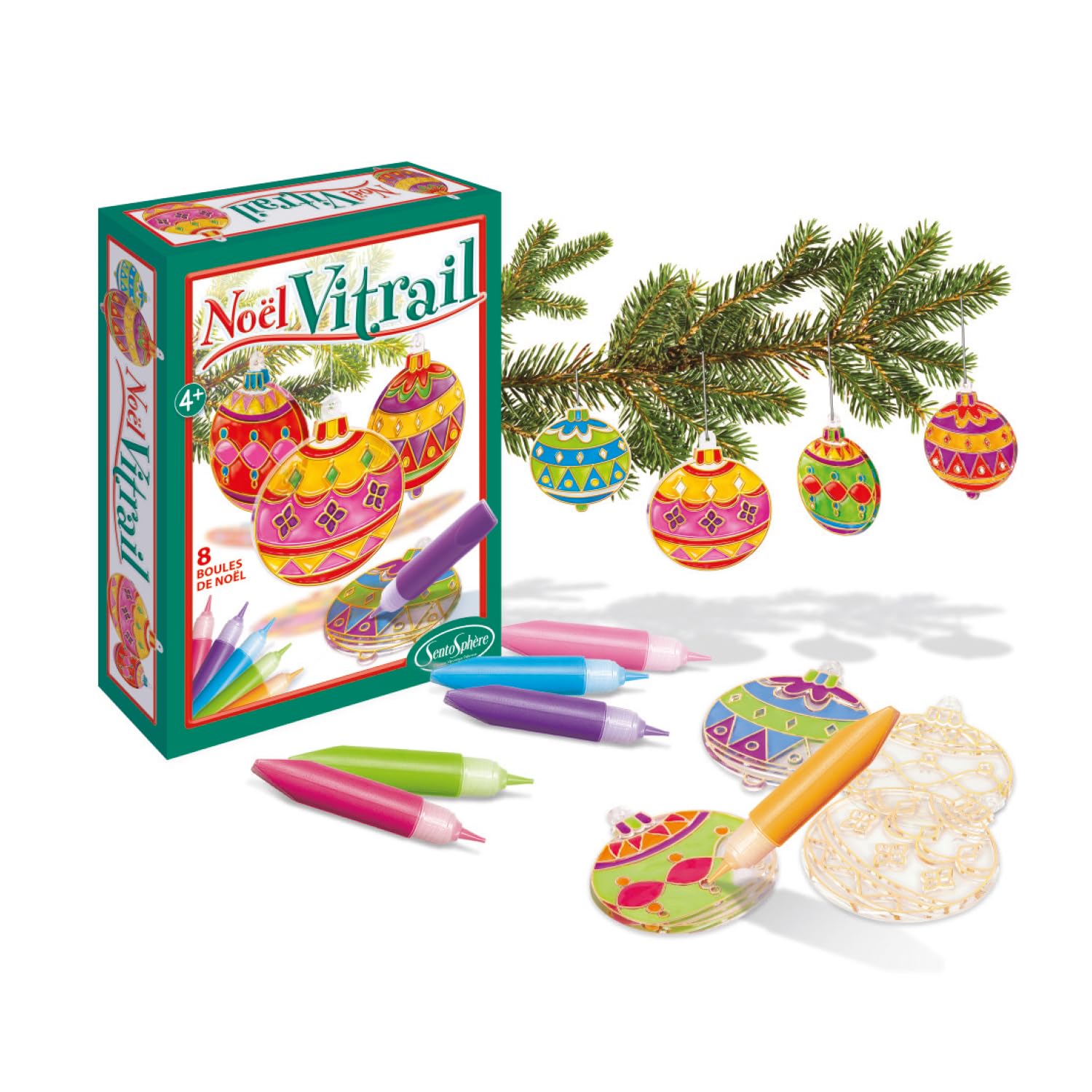 Sentosphère - Noël Vitrail - Coffret décoration Noël - Peinture - Loisirs créatif enfants - Décorations - Activité manuelle enfant - Boule pour sapin - Fabrication Française - 2460