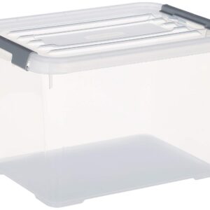 CURVER Boîte de Rangement Handy Plus 20L - Boîte de Rangement Multifonction - Pour Chambre, Bureau, Garage, Cabanon, Buanderie - Fermeture Rapide à poignées - 40 x 29 x 26 cm - Transparent