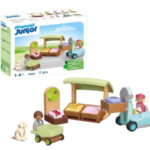 Playmobil 71691 Junior : Etal de Fruits et légumes Bio - Comprenant Un véhicule, Un Chariot de Courses et des caisses empilables - Jouet fabriqué à partir de matière d'origine végétale - Dès 12 Mois