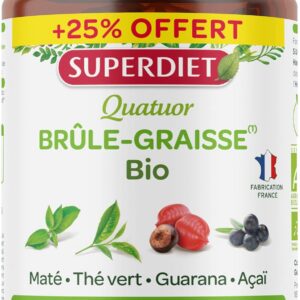 SUPERDIET - QUATUOR BRÛLE-GRAISSE BIO- Maté, Guarana, Thé vert, Acaï - Fabrication Française -FORMAT PROMO- 187 Comprimés