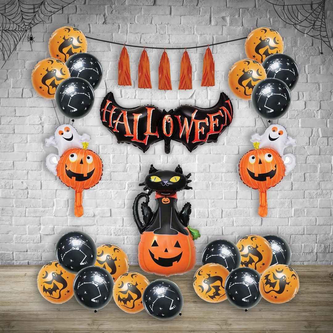 PTIT CLOWN - 24127 - Kit Ballons et Décorations Halloween - Lot de 28 - Citrouilles, Fantômes, Chat Noir et Guirlande pour Fête, Déco Effrayante