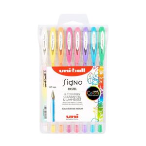Mitsubishi Pencil - 8 Stylos Rollers Encre Gel - Uni-Ball Signo - Stylos Couleurs Pastel - Pointe 0,7 mm - Écriture Medium - Rollers Fantaisie pour Loisirs Créatifs et Carterie