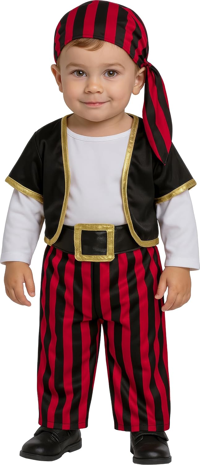 FIESTAS GUIRCA | Costume de Pirate Bébé (18-24 Mois) - T-shirt, Gilet, Ceinture, Pantalon et Foulard - Costumes de Corsaire et Boucanier pour Halloween et Fêtes - Idéal pour Bébés - Noir et Rouge