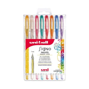 uni-ball Mitsubishi Pencil - 8 Stylos Rollers Encre Gel Signo - Couleurs Pailletées - Pointe 1 mm - Écriture Large - Rollers Créatifs pour Carterie et Loisirs Créatifs