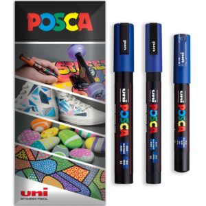 Posca Lot de 3 marqueurs permanents à base d'eau - Utilisation multi-surfaces - PC-1M, PC-3M, PC-5M - Lot de 3 stylos dans un étui (bleu)
