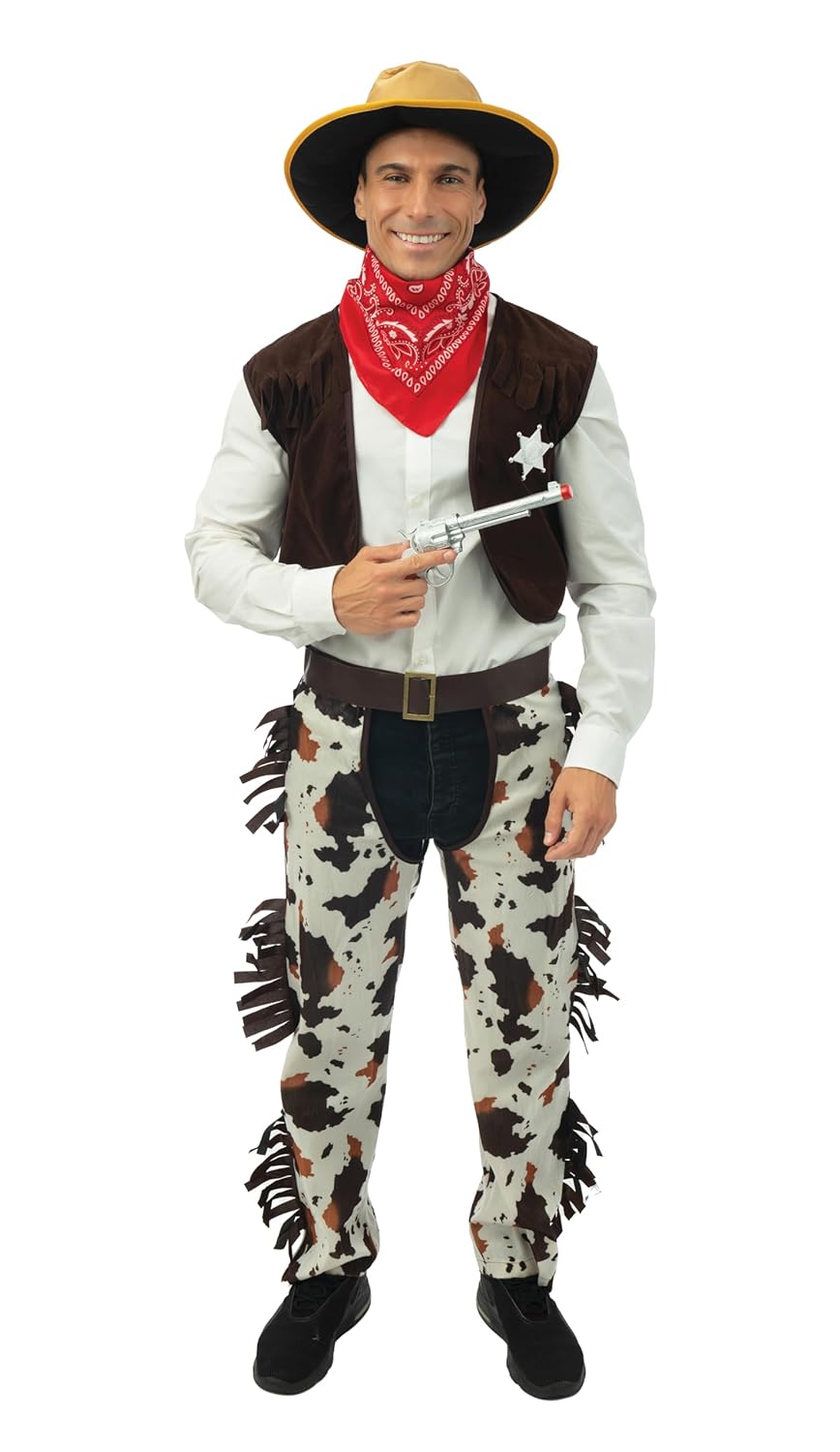 P'TIT CLOWN - 89254 - Costume Cowboy - Déguisement Western Homme - Parfait pour Carnaval, Fêtes Costumées et Évènements à Thème - Polyester - Marron - Taille S/M