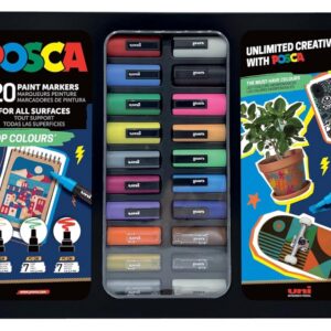 POSCA 186832 - Set de marqueurs POSCA, 20 stylos acryliques dans un étui, set de marqueurs Pop Colours, pointe PWE5M 1,8-2,5 mm