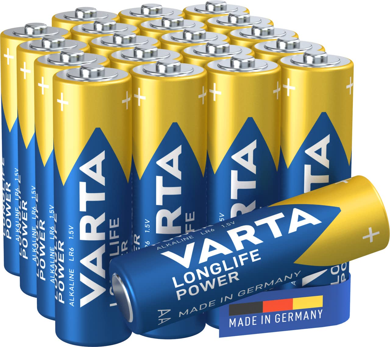 VARTA Piles AA, lot de 20, Longlife Power, Alcalines, 1,5V, pour jouets, souris sans fil, lampes de poche, Made in Germany