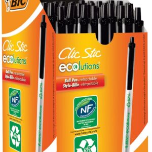 BIC Clic Stic ECOlutions Stylos-Bille Rétractables Pointe Moyenne (1,0 mm) - Noir, Boîte de 50