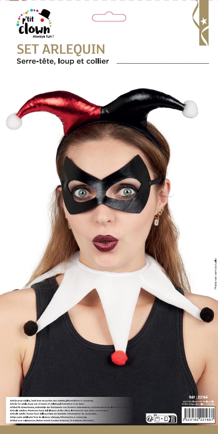 P'TIT CLOWN - Set Accessoires Arlequin - Serre-Tête, Masque et Collerette - Déguisement Parfait pour Halloween, Carnaval et Fêtes à Thème - Taille Unique – Image 3