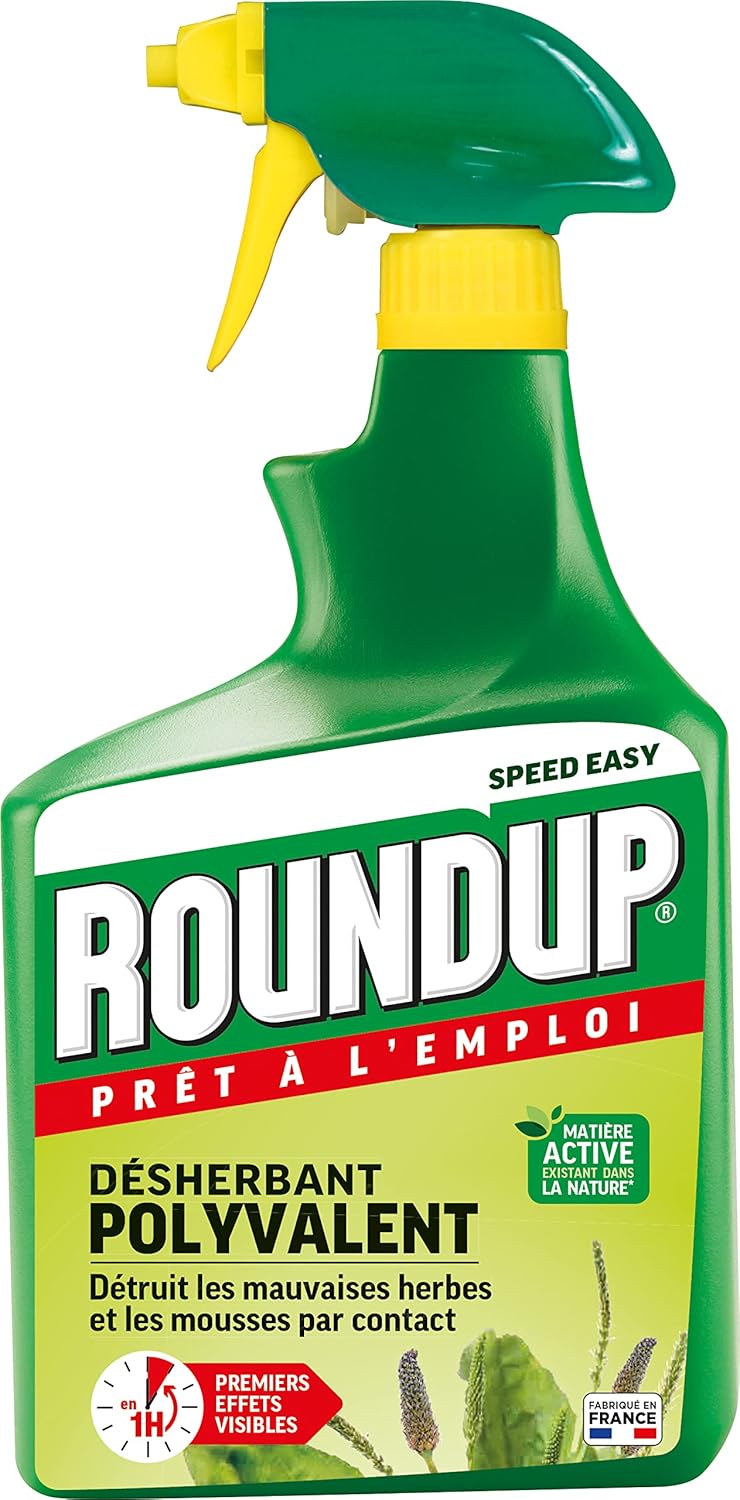 Roundup RPOS1A - Désherbant Jardin Polyvalent Prêt à l'emploi 1 L - Premiers Effets Visibles 1h - Elimine Mauvaises Herbes et mousses par Simple Contact - Produit à Base d'acide pélargonique - 33 m²