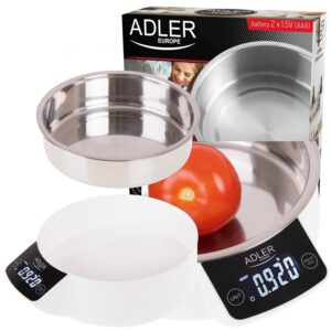 Adler AD 3166 Balance de cuisine avec récipient de 900 ml en acier inoxydable, poids maximum 5 kg, balance électronique pour la maison avec écran LCD, balance numérique, précision jusqu'à 1 g