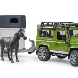 bruder 02592 - Land Rover Defender avec van pour chevaux, 1 cheval, véhicule tout-terrain, jeep, véhicule tout-terrain, ferme équestre