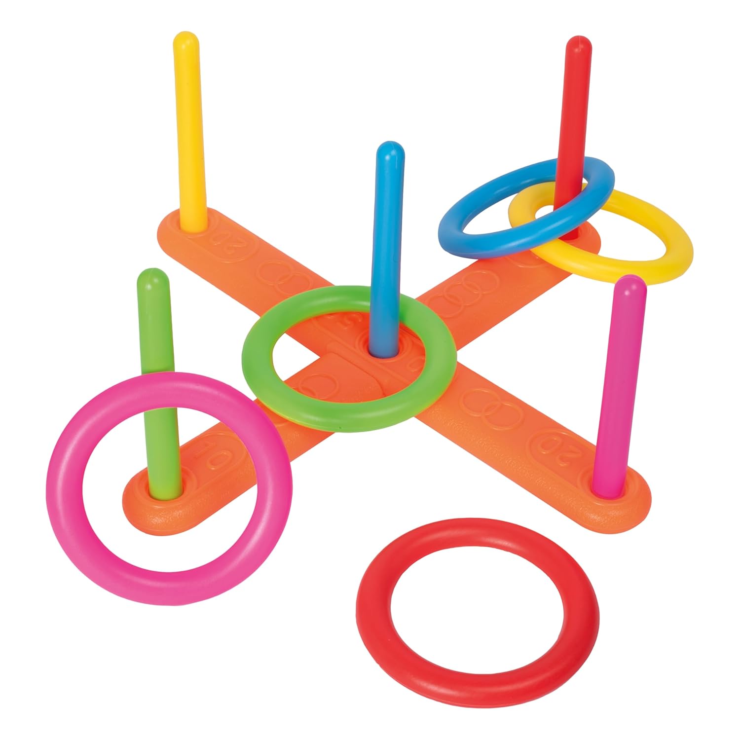 P'TIT CLOWN - 24538 - Jeu de Lancer d’Anneaux Enfant - Jeu d’Extérieur d’Adresse et de Précision - 5 Anneaux, 5 Piquets, Support à Assembler - Plastique