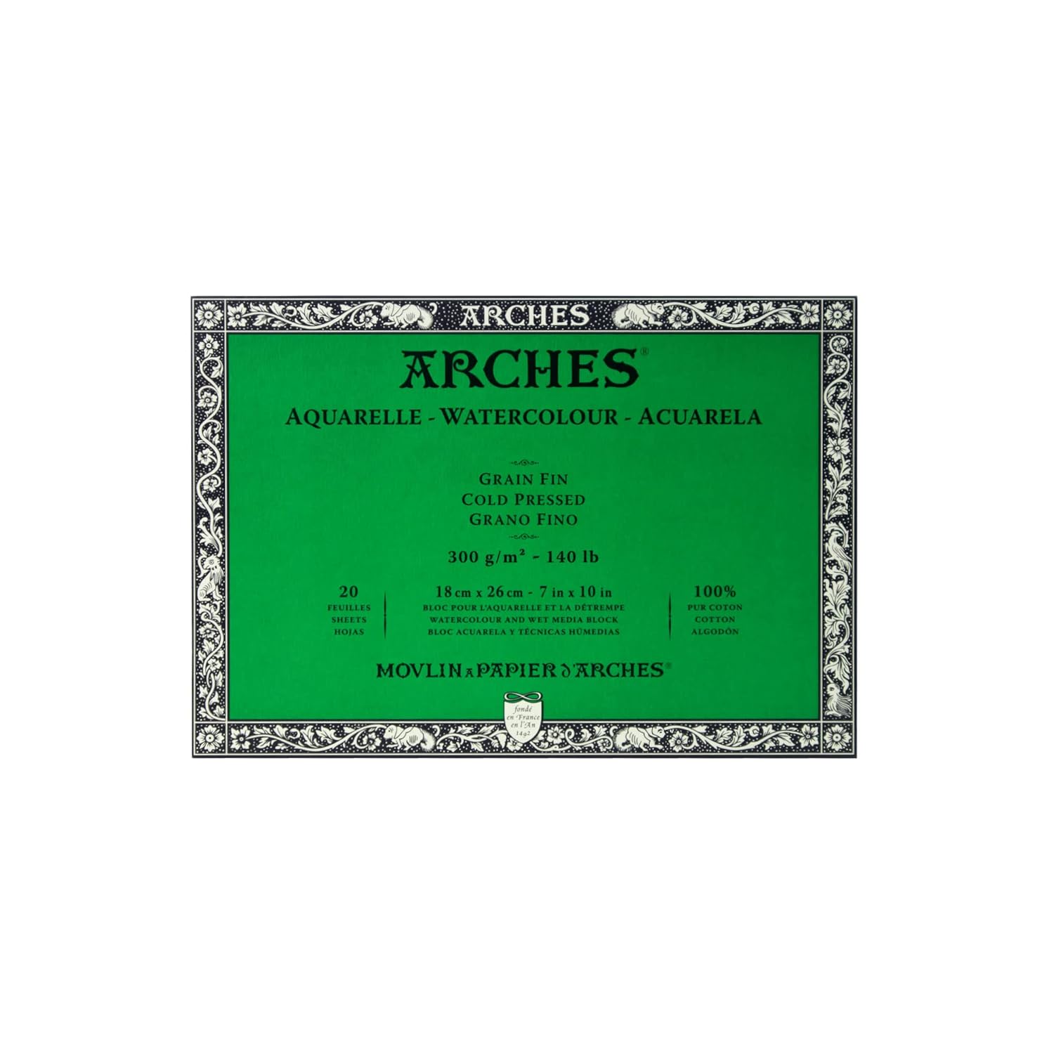 Arches Bloc Aquarelle Grain Fin Naturel Blanc 300G 18X26CM 20P, Autre, Multicolore, 1,42x25,4x17,78 cm