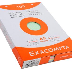 Exacompta - Réf. 13658E - Étui de 100 fiches bristol quadrillées 5x5 perforées - format 148 x 210 mm - compatibles avec imprimante jet d'encre, laser et photocopieur - couleurs assorties