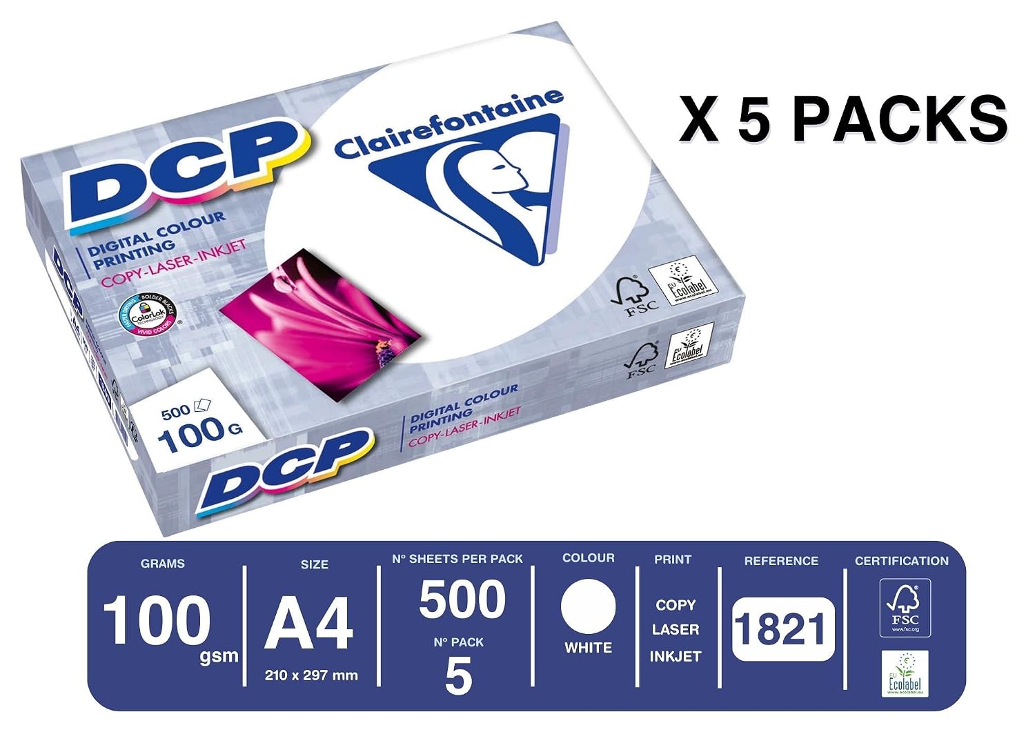 Clairefontaine - Réf. 1821C – 2500 feuilles de papier blanc au format A4 - Digital Color Printing 100 g/m² – Carton contenant 5 ramettes de 500 feuilles – Couleur : Blanc (170 CIE) – Image 2