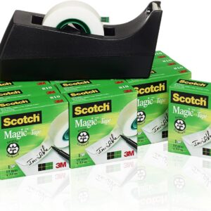 Scotch Dévidoir de Ruban Adhésif, Noir + Ruban Invisible Scotch Magic, 12 rouleaux 19 mm x 33 m - Idéal pour le Bureau et l'École