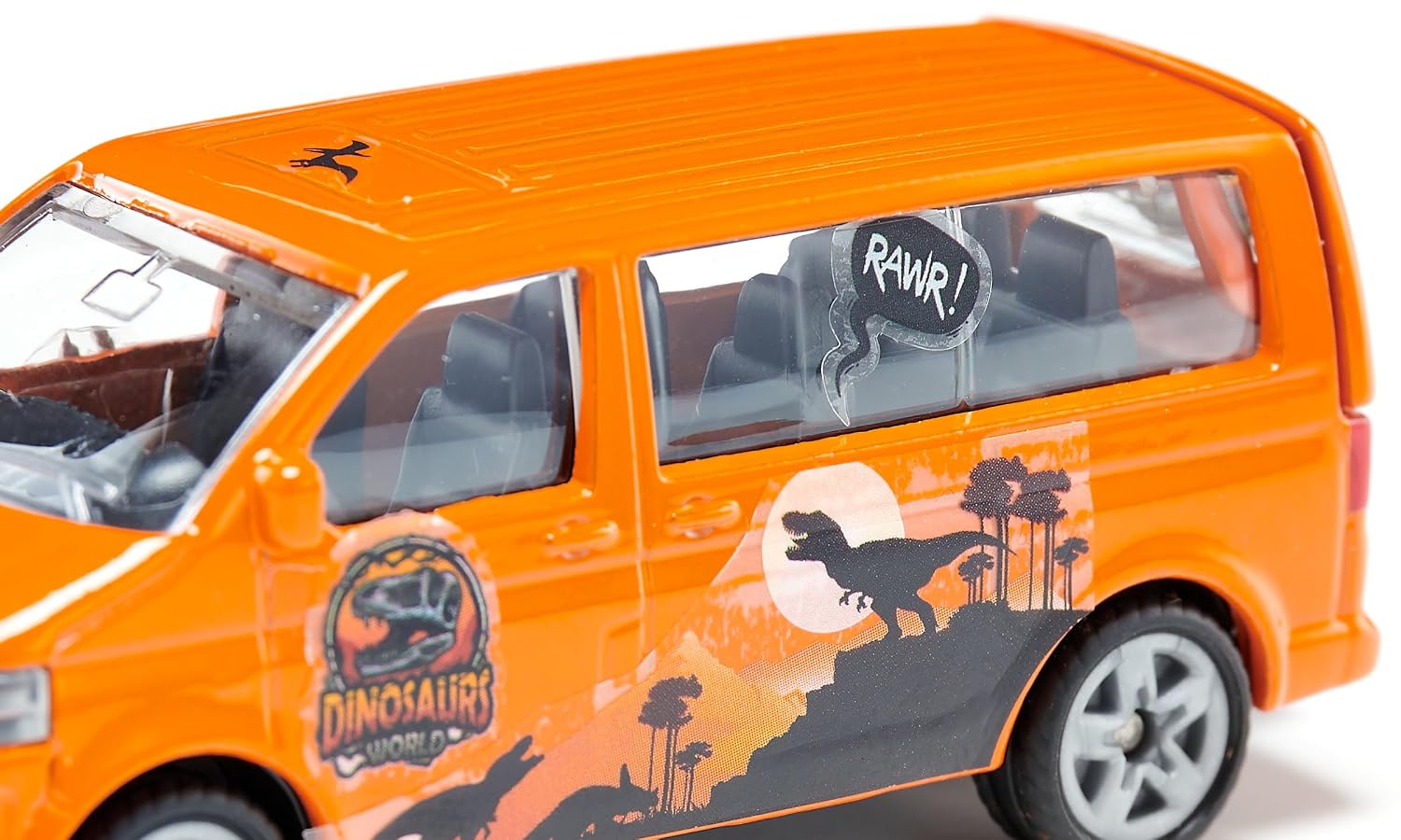 siku 1070, VW T5 Multivan avec Autocollants Dino, Métal/plastique, Orange, Hayon arrière ouvrable, Attelage de remorque – Image 4