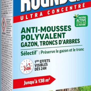 ROUNDUP RMOUSS250 - Anti-mousses Concentré Gazon et Troncs d'Arbres 250 ml - Premiers effets visibles en 24h - Elimine les mousses par simple contact - Produit à base d'acide pélargonique - 138m²
