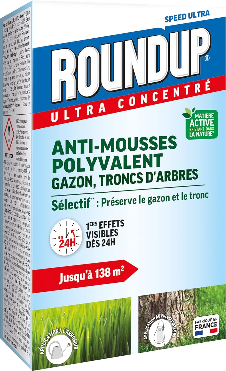 ROUNDUP RMOUSS250 - Anti-mousses Concentré Gazon et Troncs d'Arbres 250 ml - Premiers effets visibles en 24h - Elimine les mousses par simple contact - Produit à base d'acide pélargonique - 138m²
