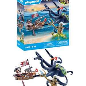 Playmobil 71419 Pirate avec Pieuvre géante, Comprend Deux Personnages, Une Pieuvre géante Qui pulvérise de l'eau, Un Bateau à rames et de Nombreux Accessoires, Univers Pirates, pour Enfants dès 4 Ans