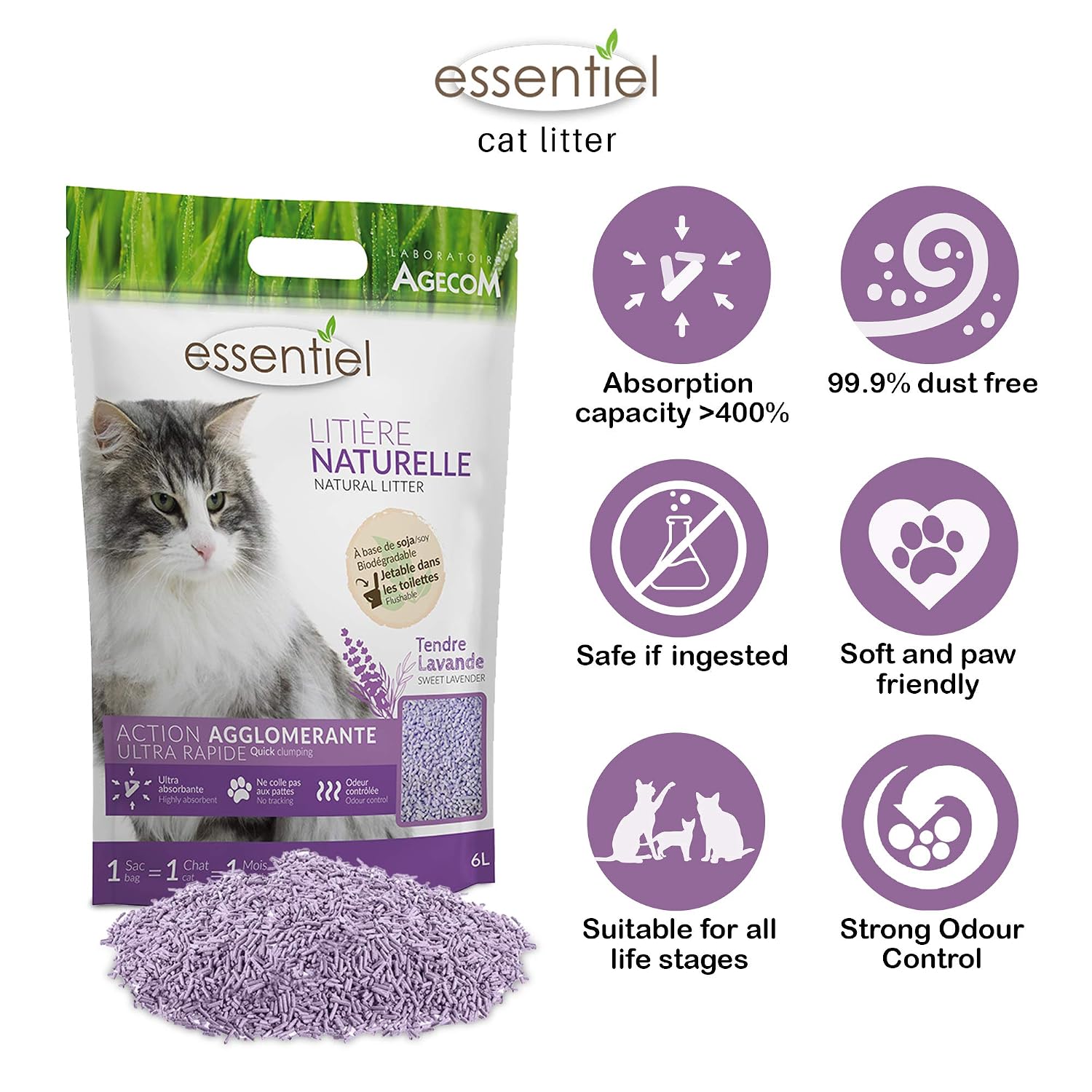 ESSENTIEL — Litière agglomérante soja lavande pour chat 6L – Image 5