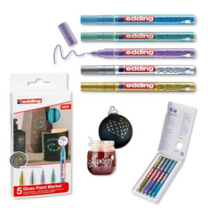 edding 780 Marqueur peinture brillante -or argent bleu vert violet (métallisé) - 5 feutres peinture brillante - pointe extra fine,8 mm - pour dessin, coloriage, scrapbooking - étanche, très opaque