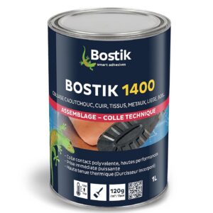 Bostik 1400 Colle Contact Liquide Multi-Usages – Prise Immédiate Puissante – Durcisseur Incorporé – Couleur : Ambré – Bidon de 1L
