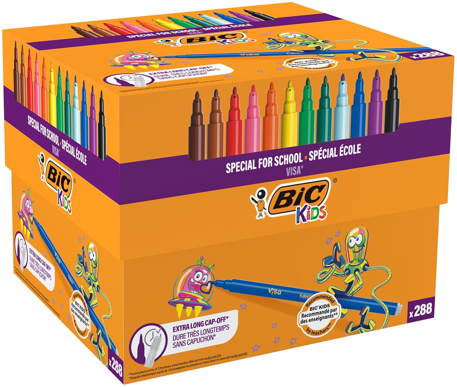 BIC Kids Visa Feutres de Coloriage à Pointe Fine, Lavables, Encre à base d'eau - Couleurs Assorties, Classpack de 288
