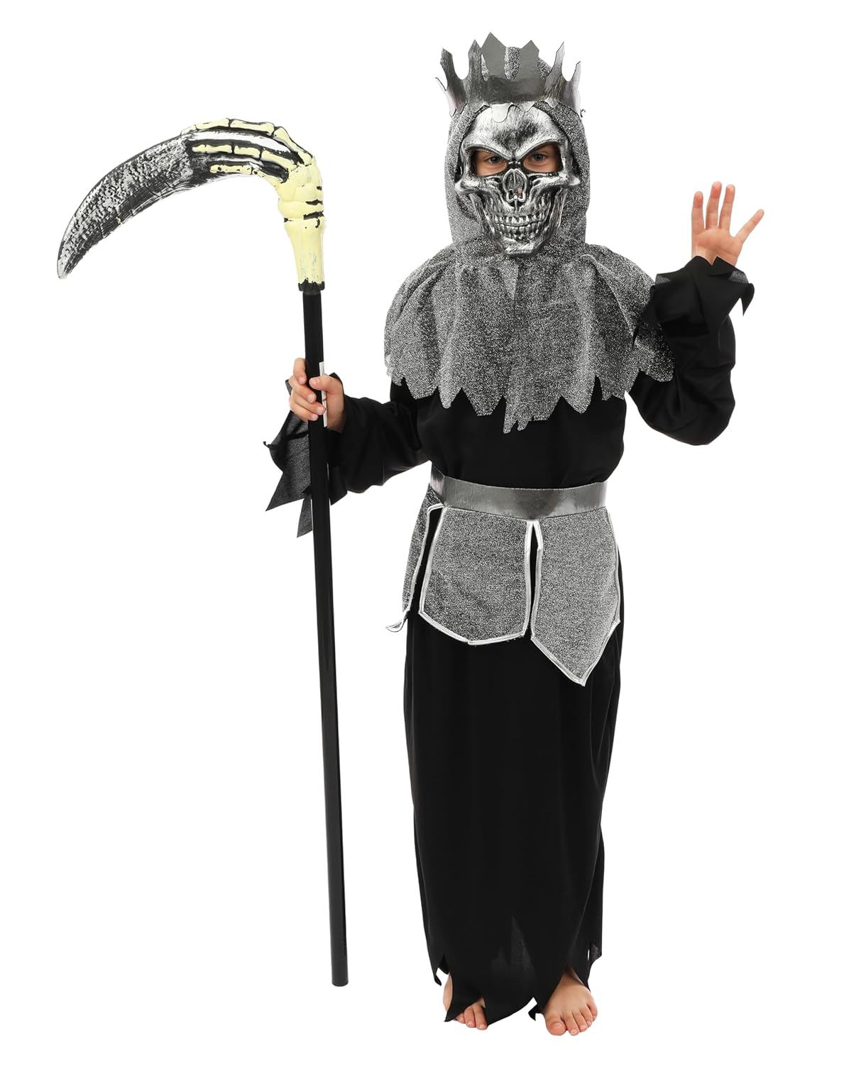 P'TIT CLOWN - Costume Messager de la Mort - Déguisement Faucheuse Enfant - Parfait Pour Halloween (Noir, Gris, 7-9 ans)