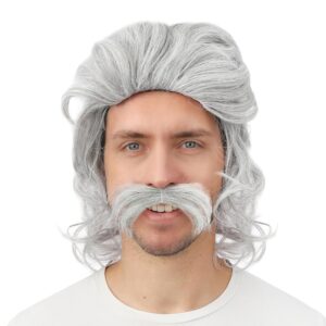 P'TIT CLOWN - Perruque Mi-Longue avec Moustaches - Accessoires Déguisement Carnaval, Fêtes à Thèmes, Soirées Costumées, Cosplay, Manga, Halloween - Cheveux Synthétiques (Gris)