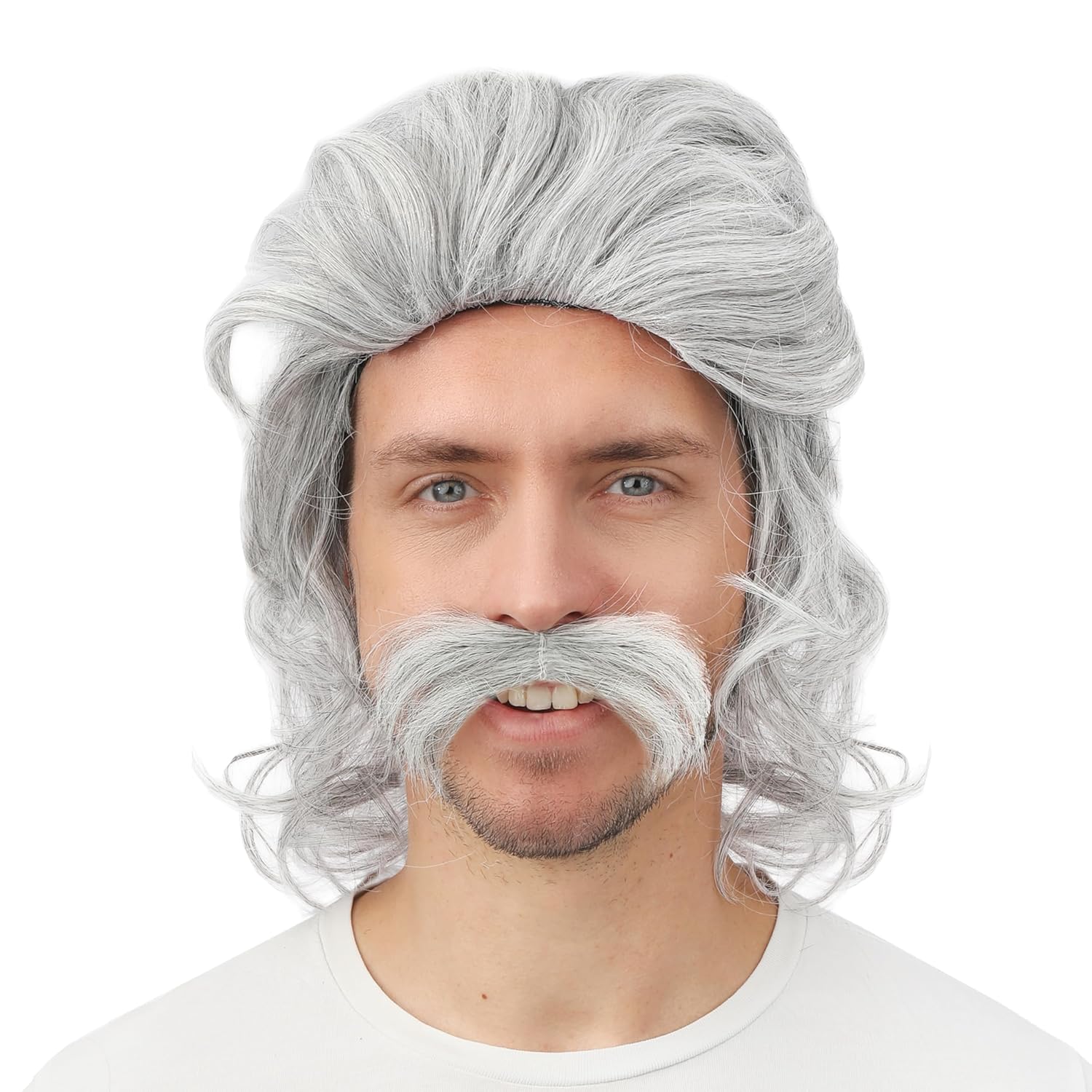 P'TIT CLOWN - Perruque Mi-Longue avec Moustaches - Accessoires Déguisement Carnaval, Fêtes à Thèmes, Soirées Costumées, Cosplay, Manga, Halloween - Cheveux Synthétiques (Gris)