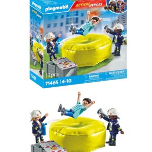Playmobil 71465 Pompiers avec Coussin de Sauvetage - Action Heroes - avec Trois Personnages, Un Coussin de Sauvetage Qui Peut être gonflé et dégonflé et des Accessoires - Ville & Métiers - Dès 4 Ans