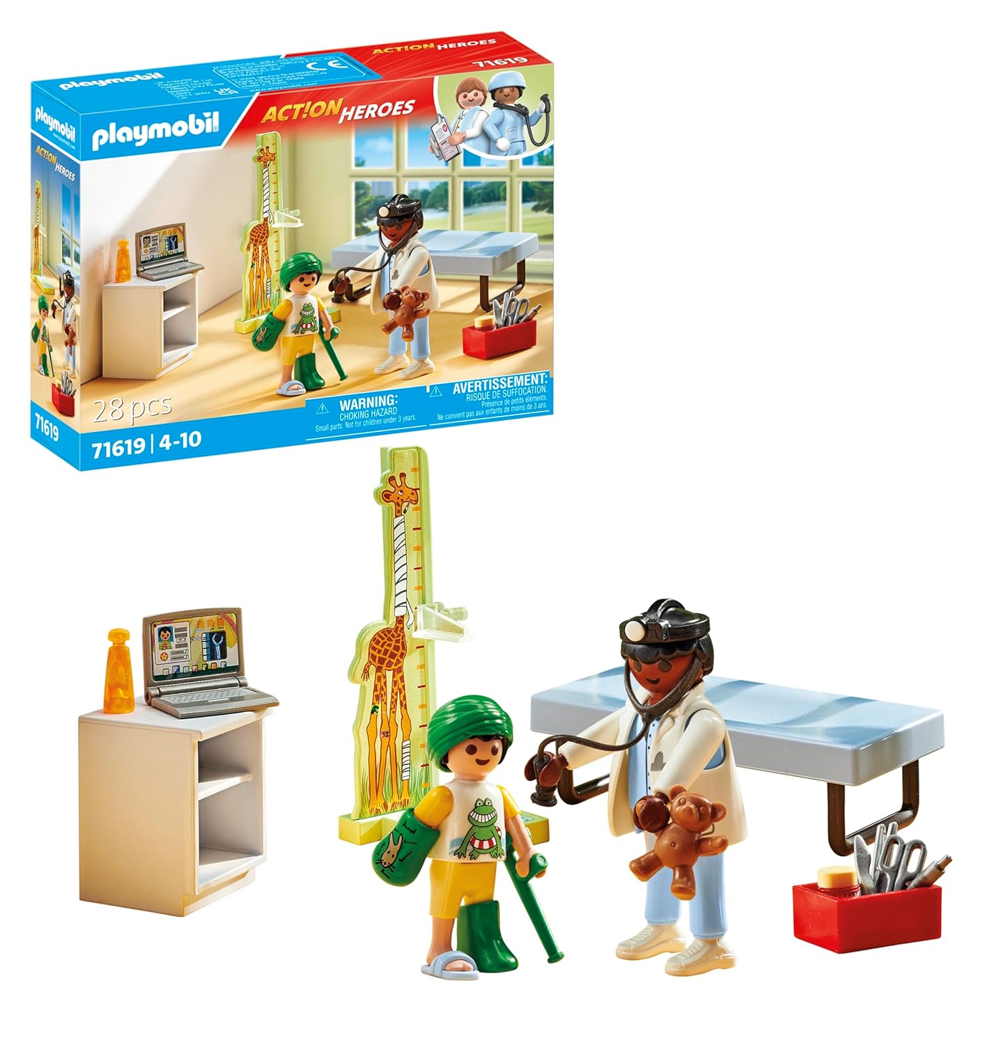 Playmobil 71619 Pédiatre avec Enfant - Action Heroes - Comprend Deux Personnages, Une Chaise Longue, des Bandages, des pansements et Un Ours en Peluche pour Les réconforter - Dès 4 Ans