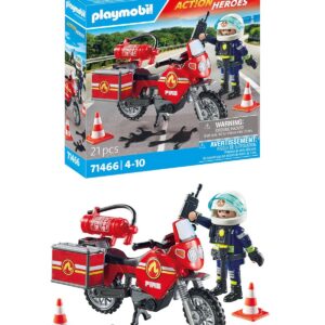 Playmobil 71466 Pompier et Moto - Action Hereos - avec Un Personnage, Une Moto équipée d'un extincteur, Une Boite à Bagages et des pylônes pour sécuriser la Zone - Ville & Métiers - Dès 4 Ans