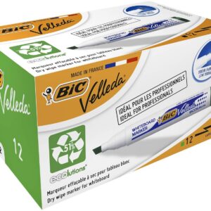 BIC Velleda 1751 ECOlutions Feutres pour Tableau Blanc Effaçables à Sec à Pointe Moyenne Biseautée - Vert, Boîte de 12