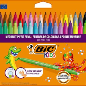 BIC Kids Kid Couleur - Feutres de Coloriage Lavables à Pointe Moyenne - Couleurs Assorties, Etui Carton de 36