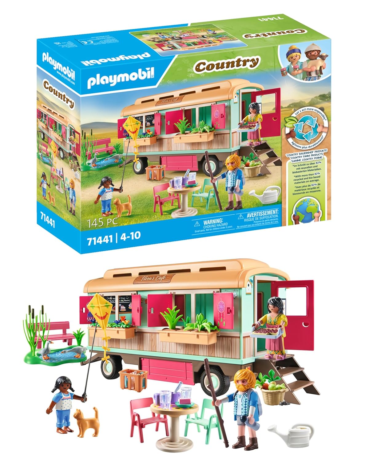 Playmobil 71441 Roulotte café Boutique - Country - avec 4 Animaux et 3 Personnages - Jouet fabriqué avec Plus de 80% de matériaux recyclés ou biosourcés en Moyenne. Dès 4 Ans