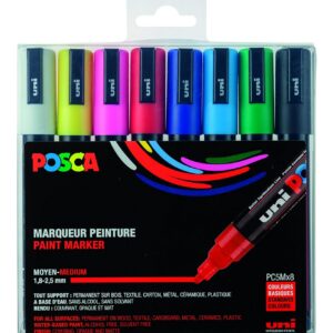 POSCA - Uni Mitsubishi Pencil-8 Marqueurs PC5M-Pointe Conique-Couleurs Classiques - Posca Pointe Moyenne - Marqueurs Peinture à Base d'Eau-Tout Support-Pour Papier, Textile, Verre, Galet, Bois