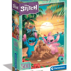 Clementoni | Puzzle Disney Stitch 500 Pièces | Format 49x36 cm avec Poster Inclus | Plage Tropicale et Coucher de Soleil | Activité Détente Visuelle | Jeu de Société Calme Adulte | Écoresponsable