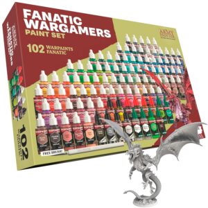 The Army Painter, Warpaints Fanatic Wargamers Paint Set, 102 x 18 ml Peintures Acryliques incl. Métalliques, Lavis, Effets, 1 Pinceau & 1 Figurine - Peinture pour D&D & Warhammer.