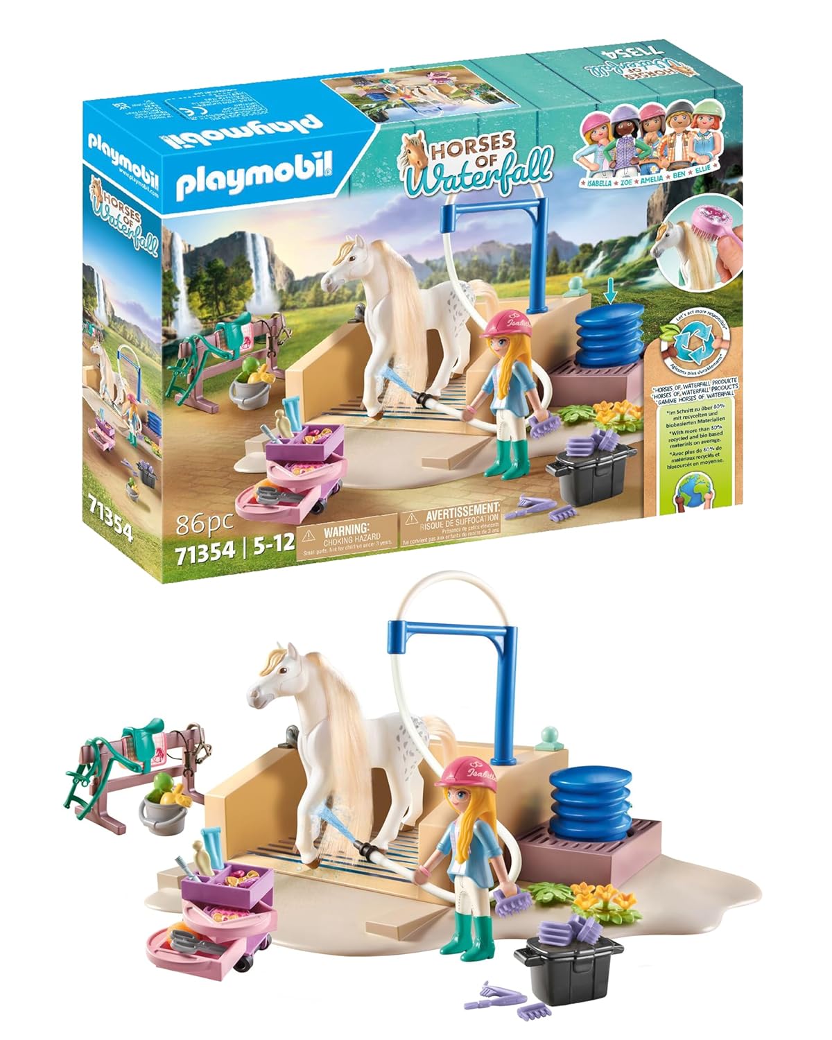Playmobil 71354 Isabella & Lioness avec Aire de Lavage pour Chevaux - Horses of Waterfall - fabriqué avec Plus de 80% de matériaux recyclés ou biosourcés en Moyenne. Dès 5 Ans