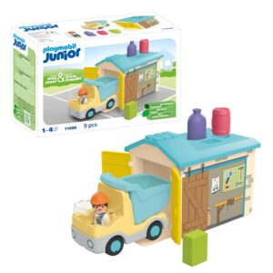 Playmobil 71686 Junior : Ouvrier avec Camion et Garage - Comprenant Une Benne basculante Mobile et Un Garage - Jouet fabriqué à partir de matière d'origine végétale - Dès 12 Mois